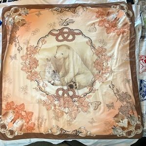 Lapine silk scarf with animals, cream, brown and soft orange, 40”x40”